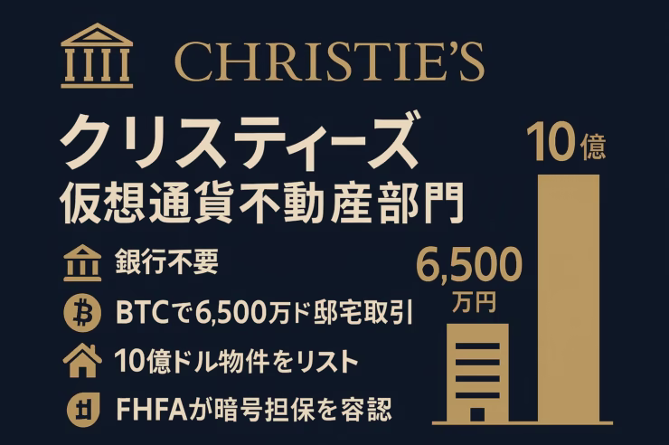 ネイビー背景にゴールドと白で「クリスティーズ 仮想通貨不動産部門」を強調した横長インフォグラフィック。銀行不要・BTC6,500万ドル取引・10億ドル物件リスト・FHFA暗号担保容認の4項目を左側に縦配置し、右側に棒グラフを配置。アイコンは神殿・ビットコイン・家・上昇グラフで暗号資産と不動産の融合を示す。