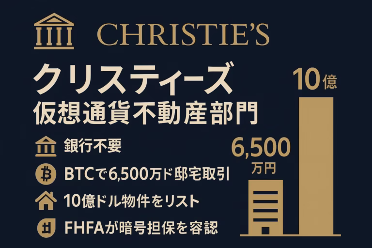 ネイビー背景にゴールドと白で「クリスティーズ 仮想通貨不動産部門」を強調した横長インフォグラフィック。銀行不要・BTC6,500万ドル取引・10億ドル物件リスト・FHFA暗号担保容認の4項目を左側に縦配置し、右側に棒グラフを配置。アイコンは神殿・ビットコイン・家・上昇グラフで暗号資産と不動産の融合を示す。