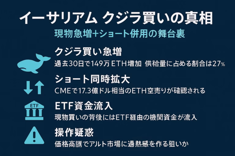 「イーサリアム クジラ買いの真相」インフォグラフィック。クジラ買い急増・ショート同時拡大・ETF資金流入・操作疑惑・規制リスクを5ブロックで解説