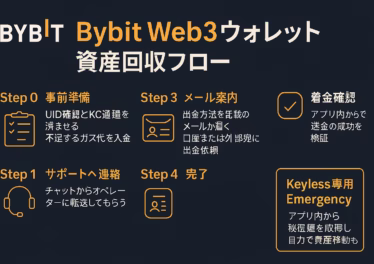Bybit Web3ウォレット資産取り出し完全ガイド 12 上記インフォグラフィック(1280 × 670 px, 72 dpi, RGB)は Bybitカラー(濃紺+オレンジ)で統一し、左 60 px セーフゾーンを確保。 中央を 3 列グリッドに分け、各ステップをアイコン付きで可視化しました。Keyless緊急策も別枠で強調している