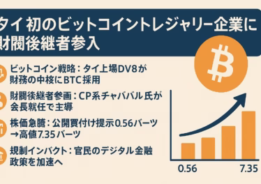 タイ初のビットコイントレジャリー企業に財閥後継者参入 11 1280×670 pxのインフォグラフィック。ネイビーのヘッダーに「タイ初のビットコイントレジャリ企業に財閥後継者参入」と白字で配置し、右に金色ビットコインコインのアイコン。本文は4つのオレンジアイコン付き箇条書き(BTC戦略・後継者参画・株価急騰・規制インパクト)。右下には株価0.56→7.35バーツを示すオレンジ矢印付き棒グラフ