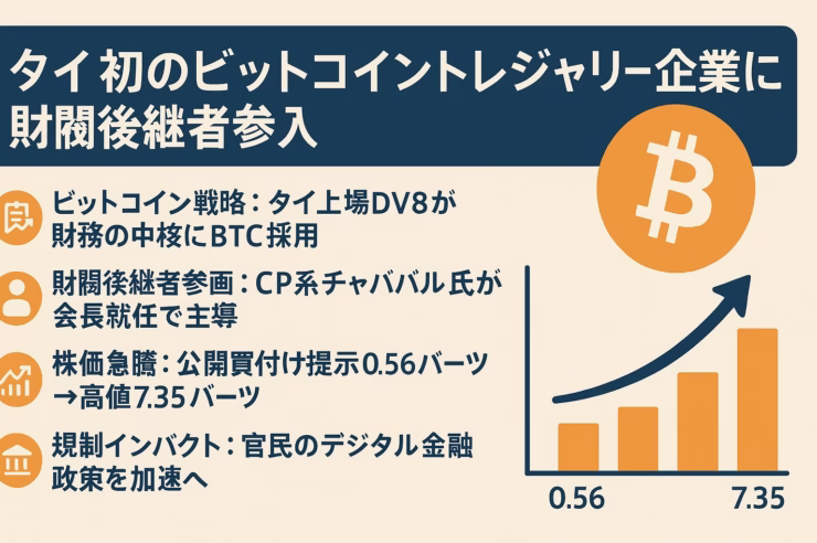 1280×670 pxのインフォグラフィック。ネイビーのヘッダーに「タイ初のビットコイントレジャリ企業に財閥後継者参入」と白字で配置し、右に金色ビットコインコインのアイコン。本文は4つのオレンジアイコン付き箇条書き（BTC戦略・後継者参画・株価急騰・規制インパクト）。右下には株価0.56→7.35バーツを示すオレンジ矢印付き棒グラフ