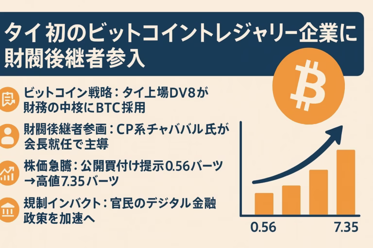 1280×670 pxのインフォグラフィック。ネイビーのヘッダーに「タイ初のビットコイントレジャリ企業に財閥後継者参入」と白字で配置し、右に金色ビットコインコインのアイコン。本文は4つのオレンジアイコン付き箇条書き（BTC戦略・後継者参画・株価急騰・規制インパクト）。右下には株価0.56→7.35バーツを示すオレンジ矢印付き棒グラフ