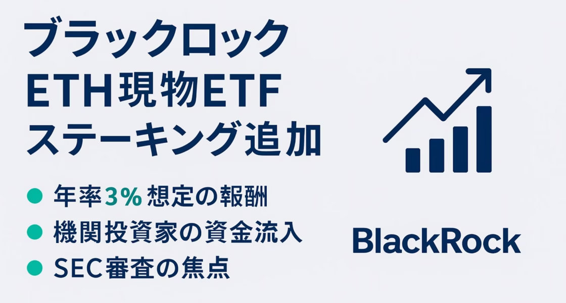 インフォグラフィック「ブラックロック ETH 現物ETF ステーキング追加」。左に濃紺の見出しブロック、右側に年率3%報酬・機関資金流入・SEC審査焦点の箇条書きと上向きグラフアイコン、下にBlackRockロゴ。背景はライトグレー、アクセントはターコイズグリーン。