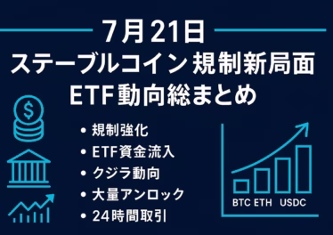「７月２１日 ステーブルコイン規制新局面 ETF動向総まとめ」と題した横長（1280 × 670 px）の日本語インフォグラフィック。ネイビー背景に白文字・シアンのアクセント、左に規制強化／ETF資金流入／クジラ動向／大量アンロックのアイコン付き箇条書き、右にBTC・ETH・USDCの上昇グラフ。全要素が上下左右60 pxのセーフゾーン内に収まっている。