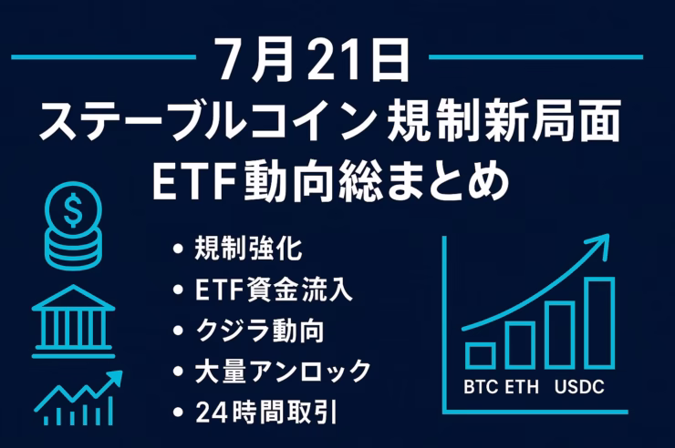 「７月２１日 ステーブルコイン規制新局面 ETF動向総まとめ」と題した横長（1280 × 670 px）の日本語インフォグラフィック。ネイビー背景に白文字・シアンのアクセント、左に規制強化／ETF資金流入／クジラ動向／大量アンロックのアイコン付き箇条書き、右にBTC・ETH・USDCの上昇グラフ。全要素が上下左右60 pxのセーフゾーン内に収まっている。