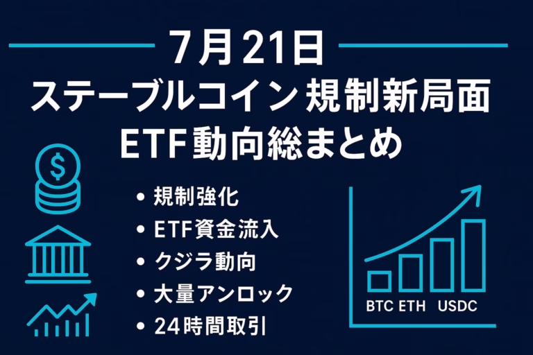 「７月２１日 ステーブルコイン規制新局面 ETF動向総まとめ」と題した横長（1280 × 670 px）の日本語インフォグラフィック。ネイビー背景に白文字・シアンのアクセント、左に規制強化／ETF資金流入／クジラ動向／大量アンロックのアイコン付き箇条書き、右にBTC・ETH・USDCの上昇グラフ。全要素が上下左右60 pxのセーフゾーン内に収まっている。