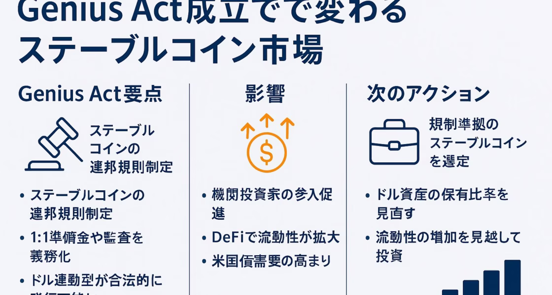 Genius Act成立で変わるステーブルコイン市場」というタイトルの横長インフォグラフィック。左から「Genius Act要点」「影響」「次のアクション」の3列構成。各列の上部にネイビーの見出しとオレンジアクセントのアイコン（書類+チェック、棒グラフ、的と矢）。それぞれ箇条書きで要旨を日本語表示。背景はライトグレー、余白60 pxを確保し、全体をネイビー＋オレンジ＋グレーの3色で統一。