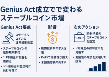 7月11日──Genius Act可決とUSDC拡大でステーブルコインが覇権フェーズへ 18 Genius Act成立で変わるステーブルコイン市場」というタイトルの横長インフォグラフィック。左から「Genius Act要点」「影響」「次のアクション」の3列構成。各列の上部にネイビーの見出しとオレンジアクセントのアイコン(書類+チェック、棒グラフ、的と矢)。それぞれ箇条書きで要旨を日本語表示。背景はライトグレー、余白60 pxを確保し、全体をネイビー+オレンジ+グレーの3色で統一。