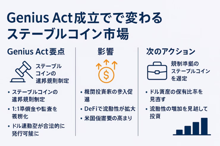 Genius Act成立で変わるステーブルコイン市場」というタイトルの横長インフォグラフィック。左から「Genius Act要点」「影響」「次のアクション」の3列構成。各列の上部にネイビーの見出しとオレンジアクセントのアイコン（書類+チェック、棒グラフ、的と矢）。それぞれ箇条書きで要旨を日本語表示。背景はライトグレー、余白60 pxを確保し、全体をネイビー＋オレンジ＋グレーの3色で統一。