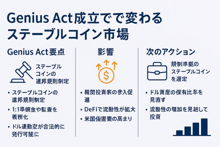 Genius Act成立で変わるステーブルコイン市場」というタイトルの横長インフォグラフィック。左から「Genius Act要点」「影響」「次のアクション」の3列構成。各列の上部にネイビーの見出しとオレンジアクセントのアイコン（書類+チェック、棒グラフ、的と矢）。それぞれ箇条書きで要旨を日本語表示。背景はライトグレー、余白60 pxを確保し、全体をネイビー＋オレンジ＋グレーの3色で統一。