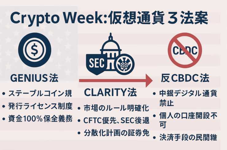 「Crypto Week」横長図解。GENIUS・CLARITY・反CBDCの３法案を３列で比較し、ステーブルコイン規制・市場明確化・CBDC禁止の要点と７〜９月の再採決ロードマップを示すインフォグラフィック（1280×670 px）。