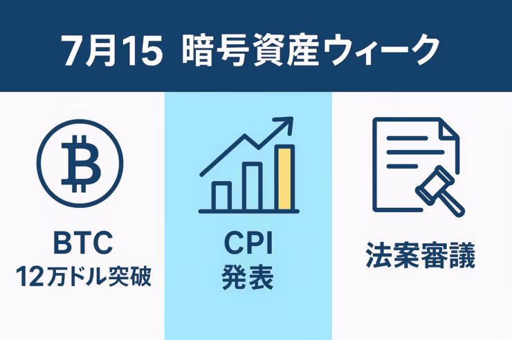 インフォグラフィック：7月15日、ビットコインが12万ドル突破。ETF流入27.2億ドルと米議会“暗号資産ウィーク”3法案（GENIUS・CLARITY・CBDC禁止）が追い風。