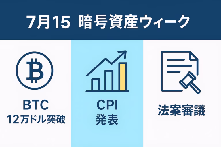 インフォグラフィック：7月15日、ビットコインが12万ドル突破。ETF流入27.2億ドルと米議会“暗号資産ウィーク”3法案（GENIUS・CLARITY・CBDC禁止）が追い風。