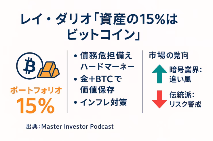 「レイ・ダリオ『資産の15%はビットコイン』」という見出しとともに、● 債務危機備えハードマネー、● 金＋BTCで価値保存、● インフレ対策──の3要点を中央に配置。左下に「ポートフォリオ15%」を強調し、右側に市場の賛否（暗号業界は追い風↑、伝統派はリスク警戒↓）を矢印アイコンで示す。出典として「Master Investor Podcast 2025/7」を記載。背景は白、メインカラー紺・アクセント橙、1280×670 px・余白60 pxを遵守。