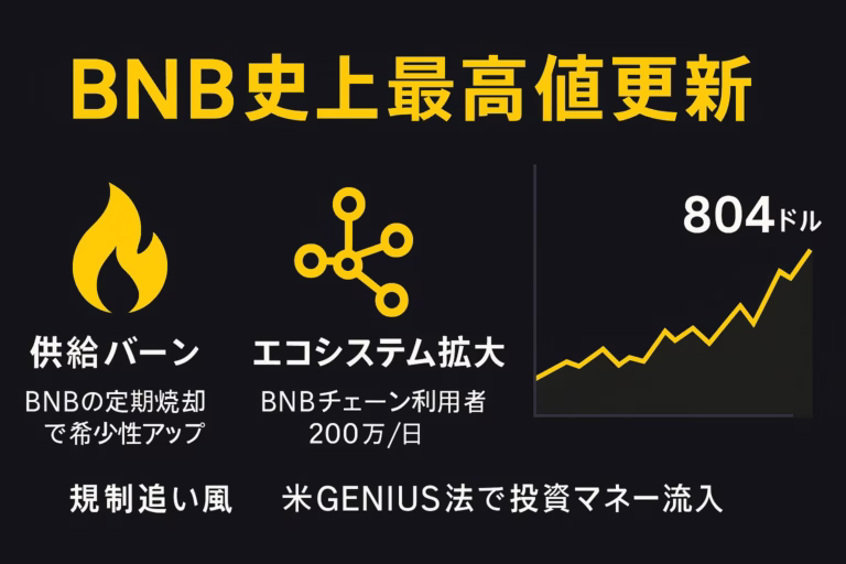 BNB史上最高値更新 ─ 供給バーン・エコシステム拡大・規制追い風が重なり804ドル到達を示すバイナンス風インフォグラフィック