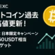 MEXCのブランドカラーであるブラック×ティールを基調に、ビットコインの大型アイコンと「ビットコイン過去最高値更新！」「MEXC日本限定キャンペーン　最大60 USDT相当BTCゲット」などのコピーを大きく配置した横長バナー。右下には上昇チャートのアイコンを添え、投資チャンスを視覚的に訴求している。