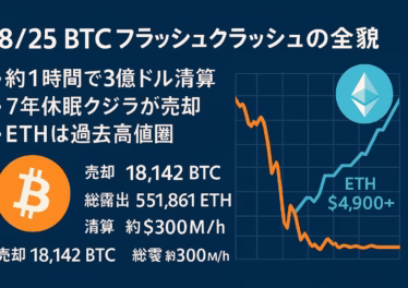 2025年8月25日未明、BTCが$110,880まで瞬間安。約1時間で3億ドル清算。古参クジラが18,142 BTCを売却し55万ETHにローテ、ETHは$4,900超へ。