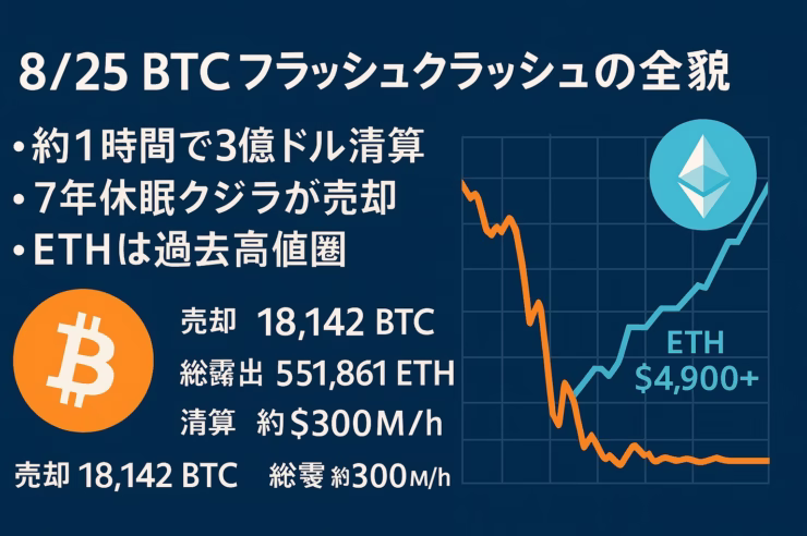 2025年8月25日未明、BTCが$110,880まで瞬間安。約1時間で3億ドル清算。古参クジラが18,142 BTCを売却し55万ETHにローテ、ETHは$4,900超へ。