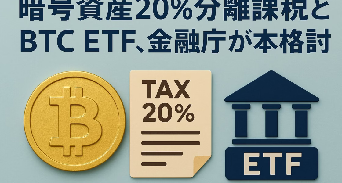 金融庁が20%分離課税とBTC ETF解禁を本格検討。国内1,214万口座・預託5兆円。施行時期＝税2026年、ETF2026〜27年目処（JST 8/23発表）。