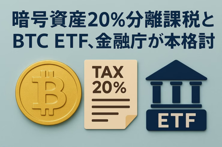 金融庁が20%分離課税とBTC ETF解禁を本格検討。国内1,214万口座・預託5兆円。施行時期＝税2026年、ETF2026〜27年目処（JST 8/23発表）。
