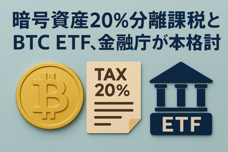 金融庁が20%分離課税とBTC ETF解禁を本格検討。国内1,214万口座・預託5兆円。施行時期＝税2026年、ETF2026〜27年目処（JST 8/23発表）。