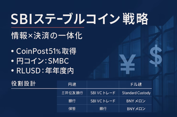 SBIがCoinPost過半取得とSMBC提携＋RLUSD導入を同日発表。情報と決済の一体化でWeb3実装を先制（2025/8/22 JST）
