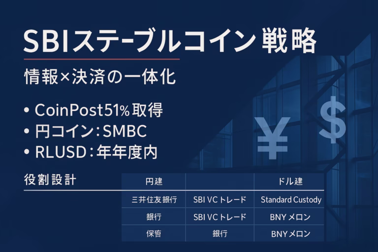 SBIがCoinPost過半取得とSMBC提携＋RLUSD導入を同日発表。情報と決済の一体化でWeb3実装を先制（2025/8/22 JST）