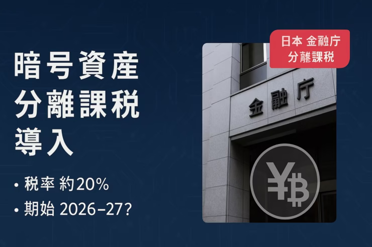 金融庁が暗号資産の分離課税導入を正式要望。税率は現行55%→20%程度に軽減。施行は2026年分または2027年見込み。
