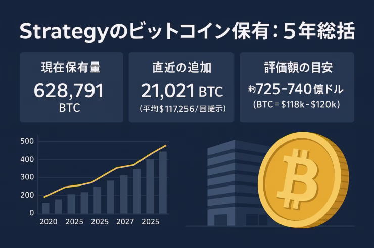 StrategyのBTC保有は628,791BTCへ。直近21,021BTC追加、時価約7.2〜7.4兆円。mNAV基準で普通株発行方針を運用（JST 8/11）。