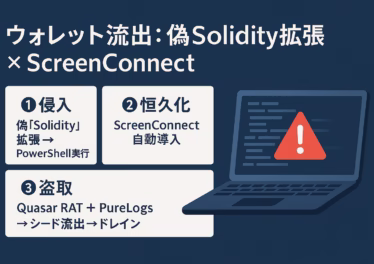 悪質拡張機能による暗号資産流出事件。偽Solidity LanguageでPowerShell経由マルウェア導入、復元フレーズ盗難→約50万ドル被害。JST2025年8月発生。