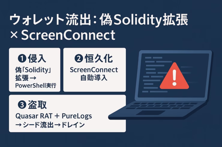 悪質拡張機能による暗号資産流出事件。偽Solidity LanguageでPowerShell経由マルウェア導入、復元フレーズ盗難→約50万ドル被害。JST2025年8月発生。
