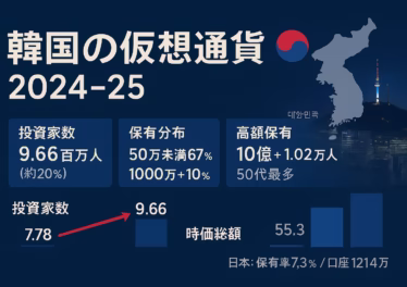 韓国は投資家数9.7百万人（人口比20%）、高額層1.08万人。日本は口座1,214万・保有率7.3%。2025-08-24 JST基準で比較。