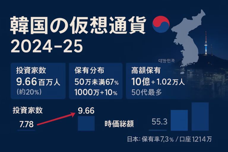 韓国は投資家数9.7百万人（人口比20%）、高額層1.08万人。日本は口座1,214万・保有率7.3%。2025-08-24 JST基準で比較。