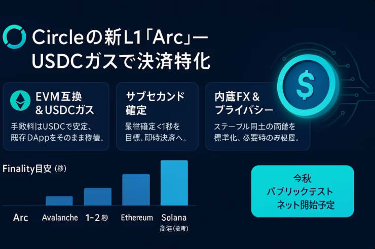 Circle新L1『Arc』発表。USDCをガスにEVM互換、サブセカンド確定と内蔵FX搭載。2025年秋パブリックテスト予定の要点を示す画像。