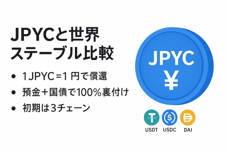 JPYCは2025/8/18登録。1JPYC=1円償還＋預金・国債100%。USDCはGENIUS法＋NYSE上場、EUROeはMiCA準拠。