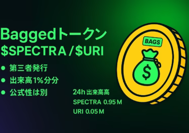 BaggedトークンはBAGS上で第三者が作成、出来高1%を配分。$SPECTRAは24h出来高$0.95M、$URIは$0.05M。公式性の誤認と投機性が課題（2025-08-23 JST）。