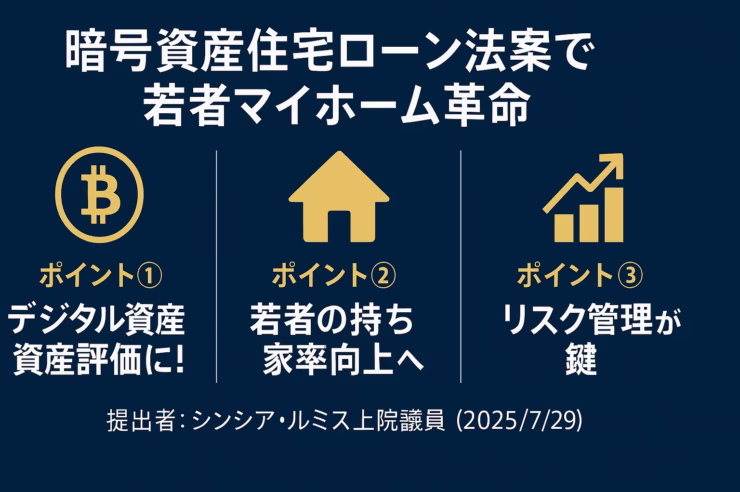 暗号資産住宅ローン法案の要点を3分割で示した横長インフォグラフィック。濃紺背景に白い大見出し「暗号資産住宅ローン法案で若者マイホーム革命」。左からビットコインの円形アイコン＋「デジタル資産資産評価に！」、中央に家のアイコン＋「若者の持ち家率向上へ」、右に上向き矢印付き棒グラフアイコン＋「リスク管理が鍵」。下部に「提出者：シンシア・ルミス上院議員（2025/7/29）」を金色で記載。余白60 pxを確保し、3列グリッドで整列。