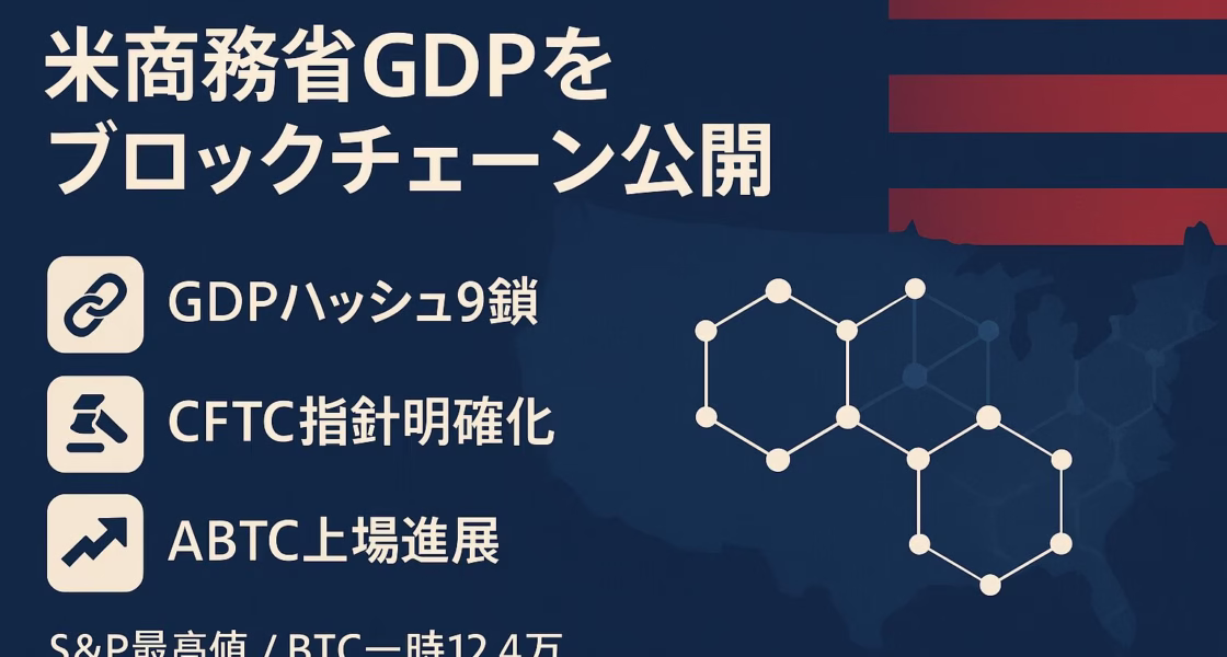 米商務省がQ2・2025のGDPをBTC/ETH等9チェーンに公開。CFTCはFBOT指針を明確化。8/27〜28にS&P500最高値、BTCは一時12.4万ドル（JST）。