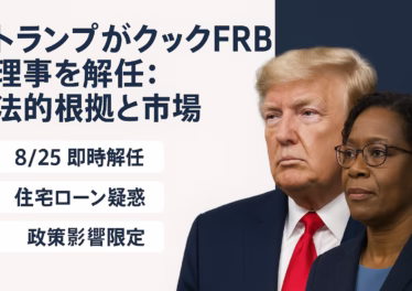 8/25トランプ氏がクックFRB理事を即時解任。住宅ローン申告疑惑を「十分な理由」と主張。円は147円台、金買い優勢と市場も敏感に反応。