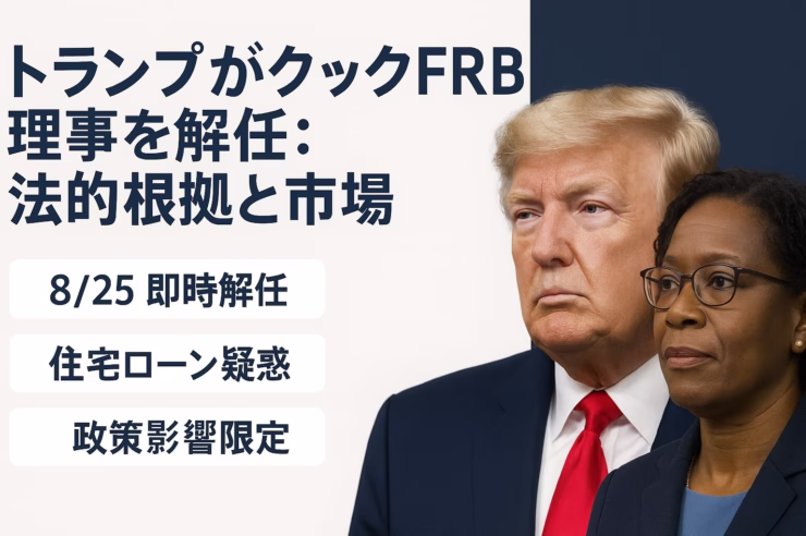 8/25トランプ氏がクックFRB理事を即時解任。住宅ローン申告疑惑を「十分な理由」と主張。円は147円台、金買い優勢と市場も敏感に反応。