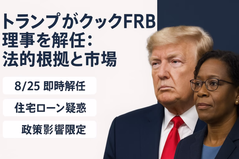 8/25トランプ氏がクックFRB理事を即時解任。住宅ローン申告疑惑を「十分な理由」と主張。円は147円台、金買い優勢と市場も敏感に反応。