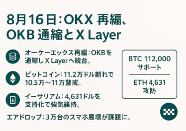 OKX再編を示す図。要点は①OKB供給2100万固定②X Layer統合、主要数値はBTC 11.2万ドル。JST 8/16データに基づく要約。