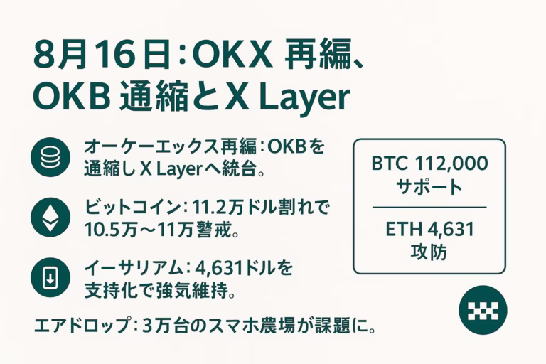 OKX再編を示す図。要点は①OKB供給2100万固定②X Layer統合、主要数値はBTC 11.2万ドル。JST 8/16データに基づく要約。