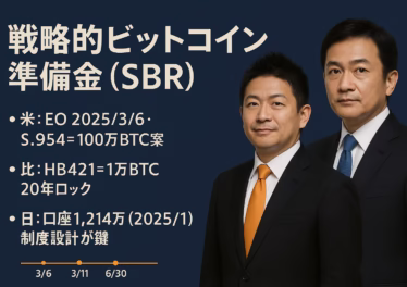戦略的ビットコイン準備金と日本政界動向 11 米国は2025/3/6大統領令でSBR創設、3/11に100万BTC法案。比は1万BTC20年ロック案。日本は1,214万口座(2025/1)も制度設計が遅れ。