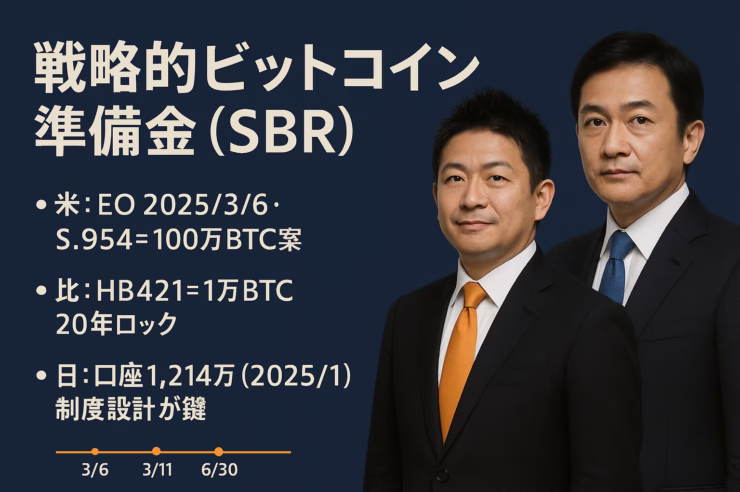 米国は2025/3/6大統領令でSBR創設、3/11に100万BTC法案。比は1万BTC20年ロック案。日本は1,214万口座（2025/1）も制度設計が遅れ。