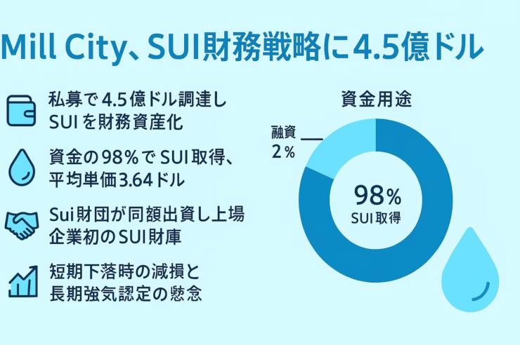 Mill Cityが私募4.5億ドルでSUIトレジャリーを始動した概要を示す横長インフォグラフィック。左に要点4箇条とアイコン、右に資金用途ドーナツチャート（SUI取得98％、融資2％）、SUIドロップのワンポイント。全体を水色系でまとめ視認性を確保。