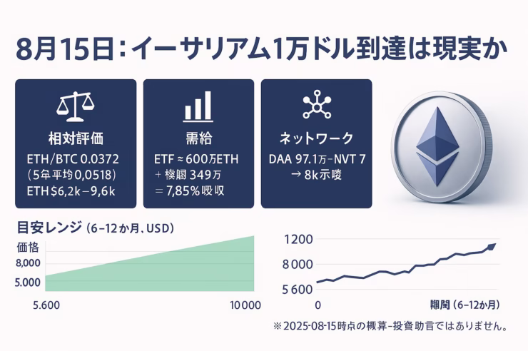 イーサリアム1万ドル到達の6視点を整理した図。要点はETH/BTC比の割安とETF需給、主要数値はETF保有約600万ETH（4.96%）。JST2025-08-15のデータに基づく要約。