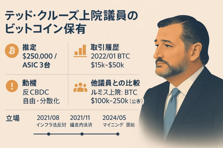 米上院議員テッド・クルーズ氏のBTC保有と採掘参入。購入額は累計$65,001〜150,000、2024/5にテキサス州でASIC3台稼働。反CBDC・暗号推進派の象徴事例。
