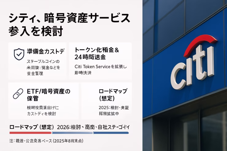 シティの参入検討を示す要点画像。見出し「安定通貨保管と決済本格化」。要点は①準備金カストディと決済、②ETF保管参入。主要数値はIBIT AUM約$91B。JST 2025-08-15の情報に基づく要約。